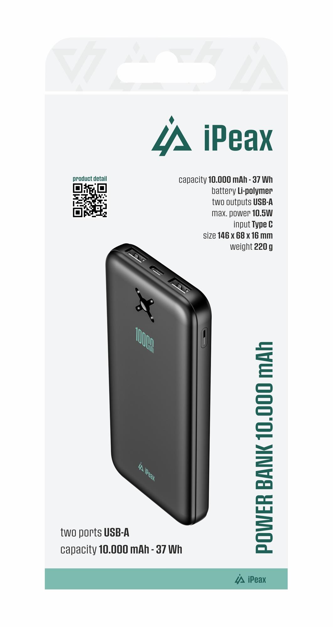 iPEAX POWER BANK 10000 mAh, 10,5 W, 2x USB-A ČIERNA