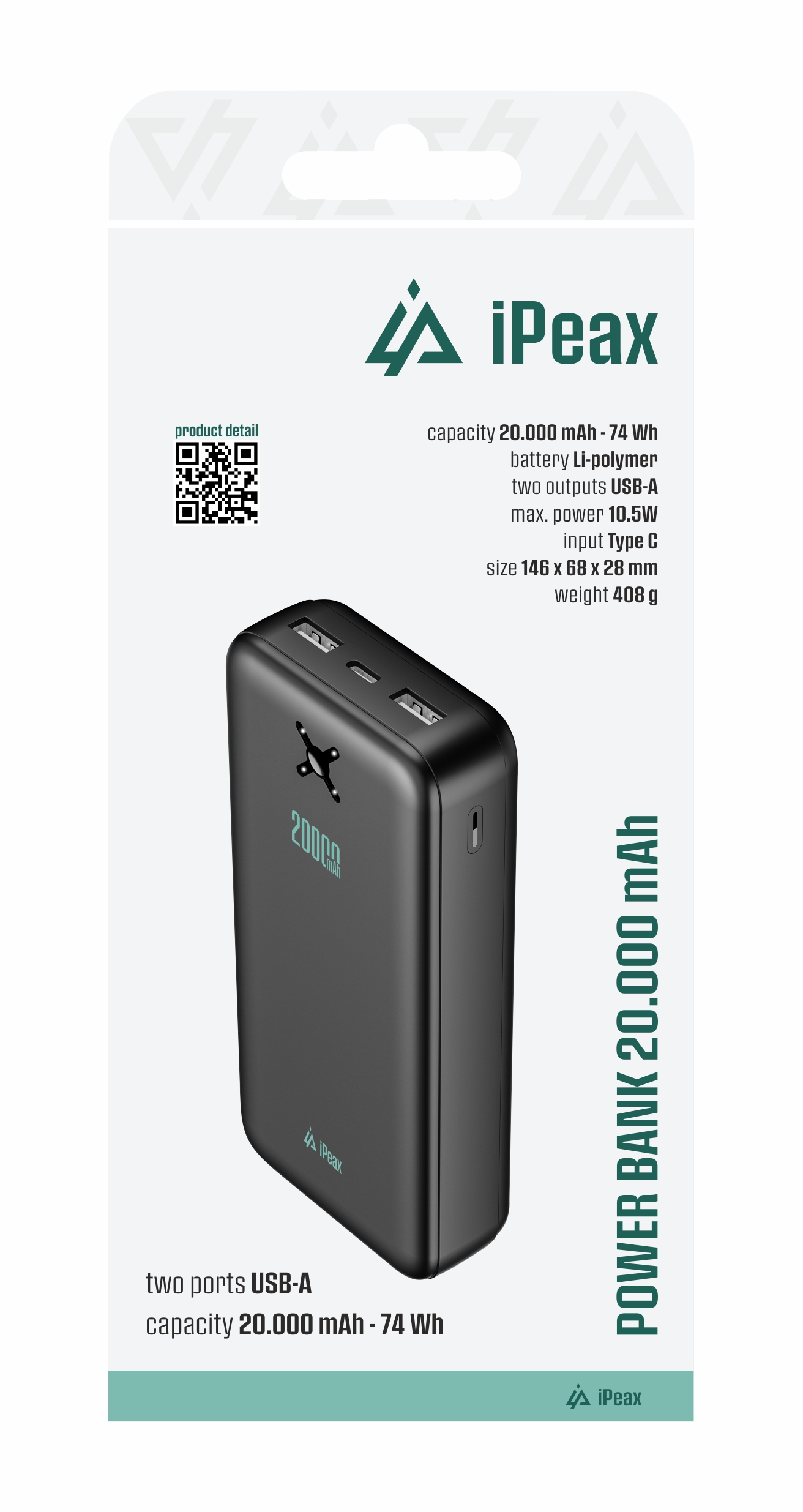 iPEAX POWER BANK 20000 mAh, 10,5 W, 2x USB-A ČIERNA