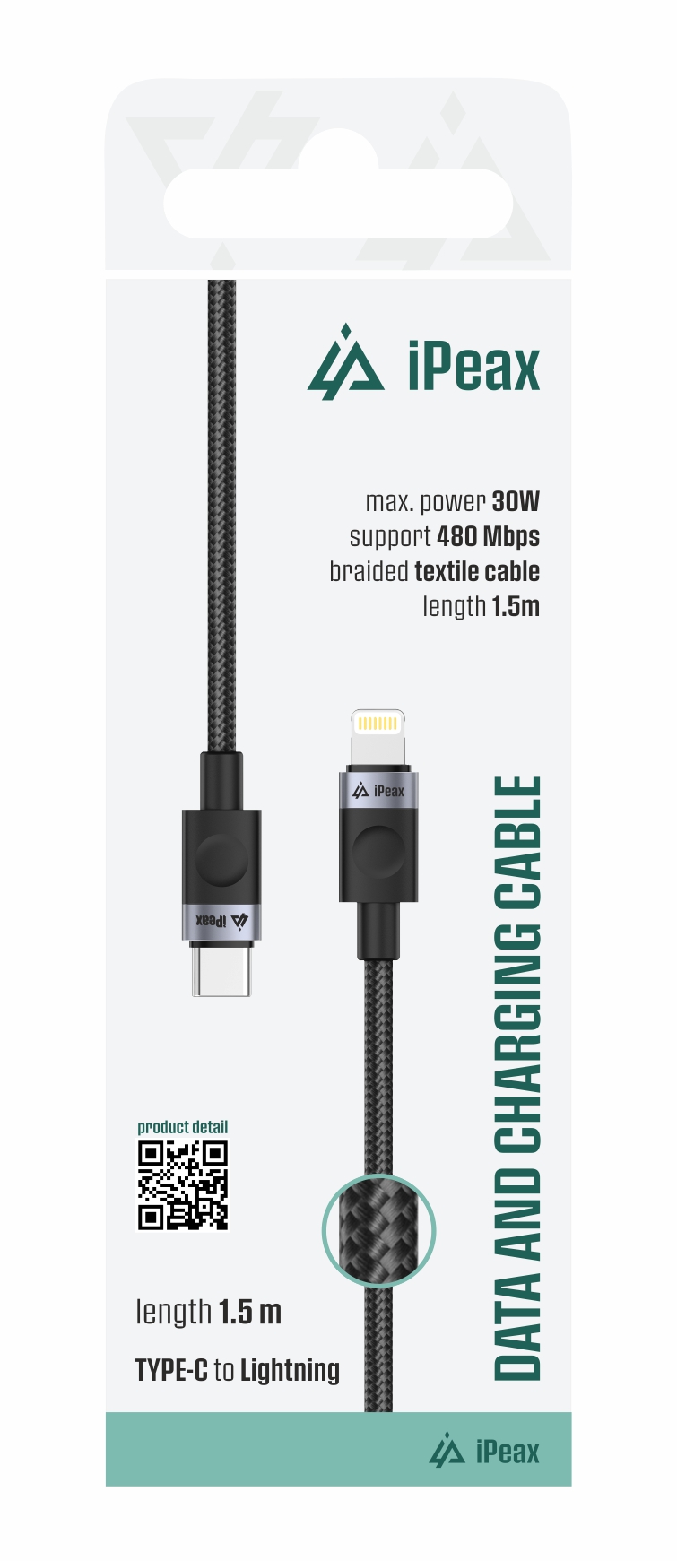 iPEAX TEXTILNÍ KABEL USB-C / LIGHTNING 1,5M, USB 2.0 ČERNÝ