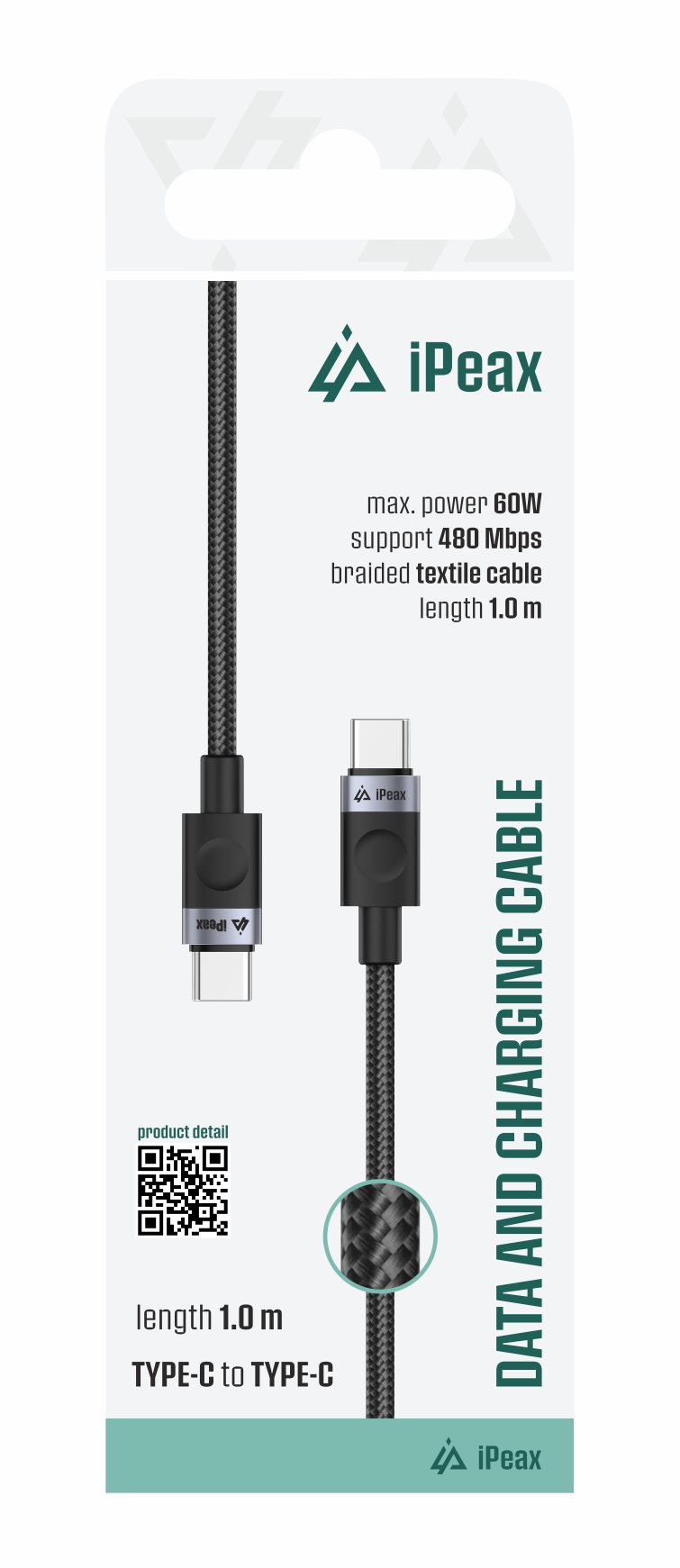 iPEAX textilní kabel USB-C / USB-C 1 m, USB 2.0, černý