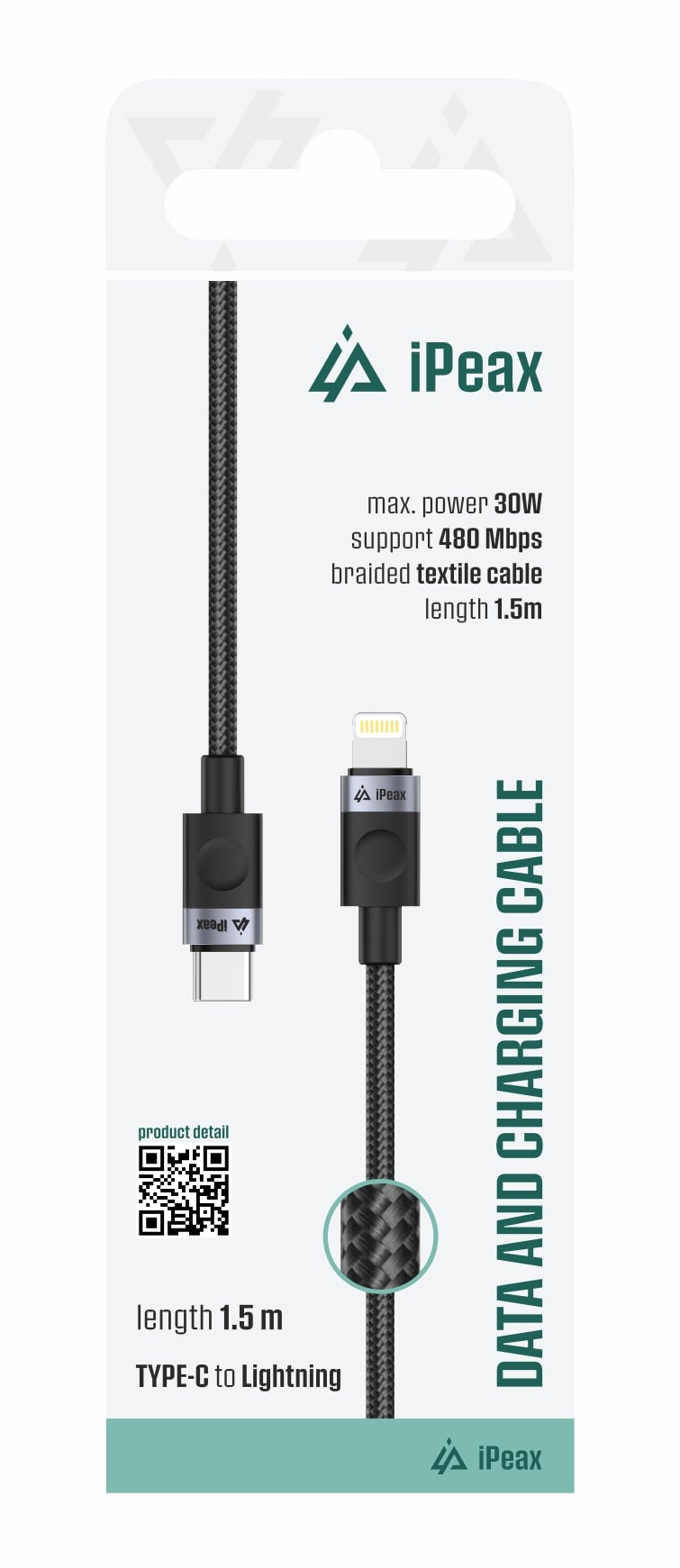 iPEAX textilný kábel USB-C / Lightning 1,5 m, USB 2.0, čierny
