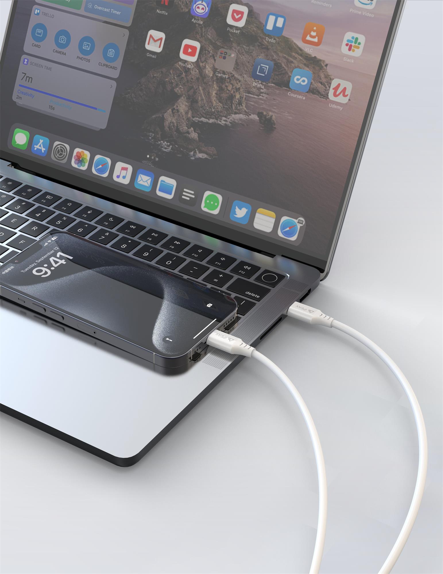 iPEAX TPU kabel USB-C / USB-C 1,5 m, 5 A, 100 W, bílý