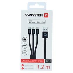 Kábel Swissten Textile 3 v 1 MFi, 1,2 m, čierny
