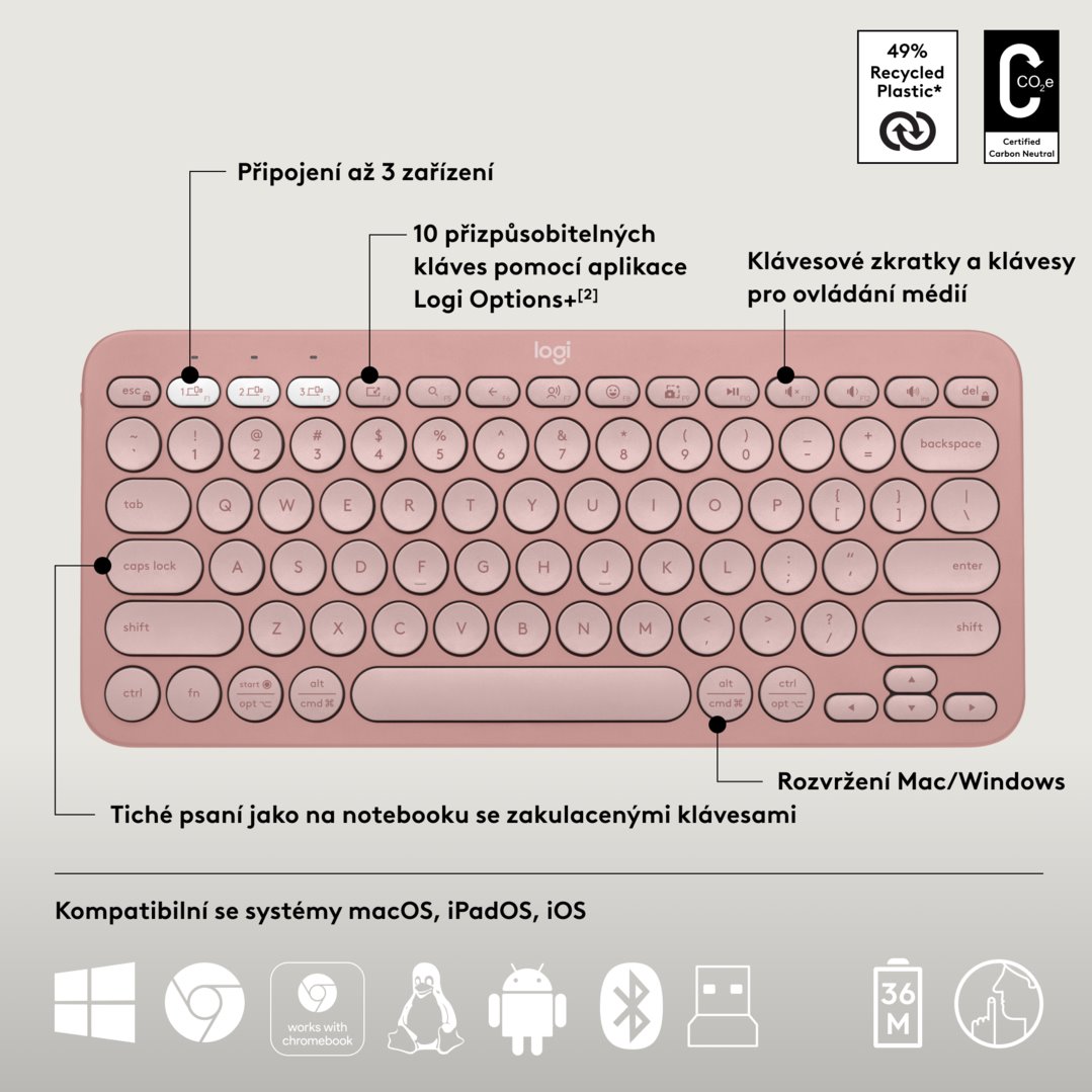 Logitech Pebble 2 Combo, bezdrátová klávesnice a myš, růžová