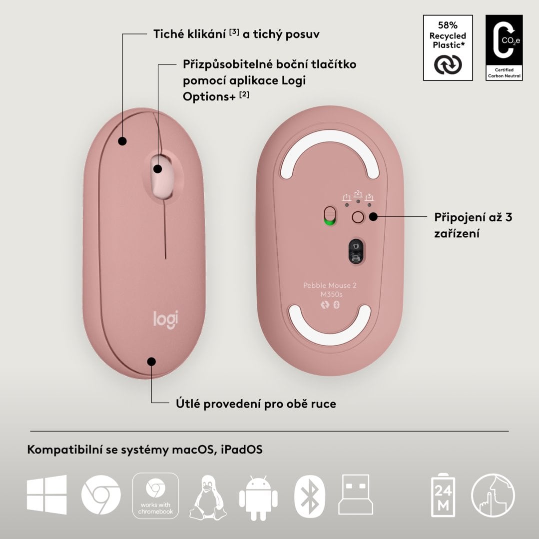 Logitech Pebble 2 Combo, bezdrôtová klávesnica a myš, ružová
