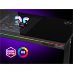 LORGAR stůl s volitelnou výškou, vestavěnou skříní pro PC, bezdrátovou nabíječkou, RGB a USB porty, dřevěná deska