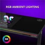 LORGAR stůl s volitelnou výškou, vestavěnou skříní pro PC, bezdrátovou nabíječkou, RGB a USB porty, tvrzené sklo
