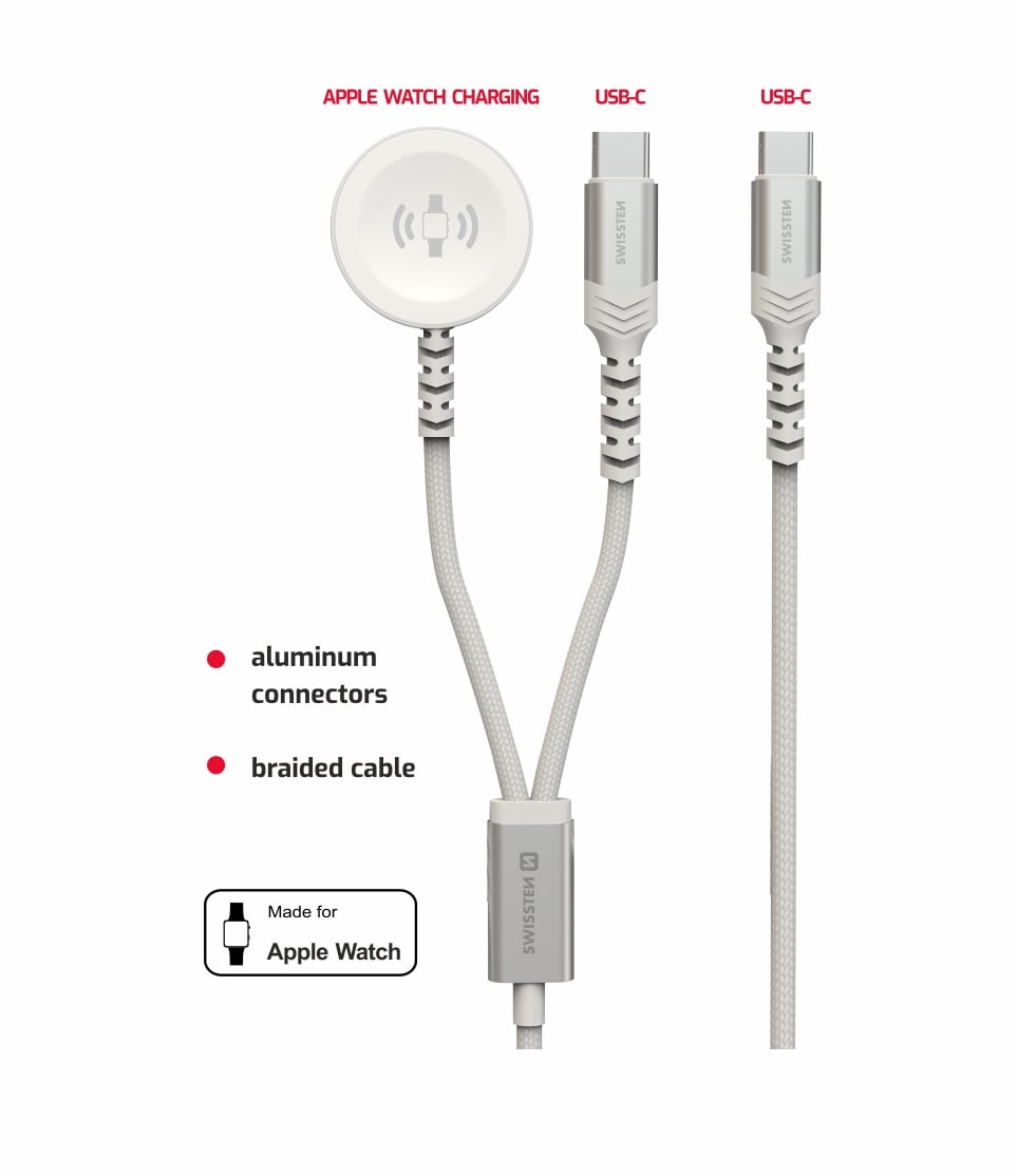 Magnetický kábel Swissten pre Apple Watch + USB-C, biely