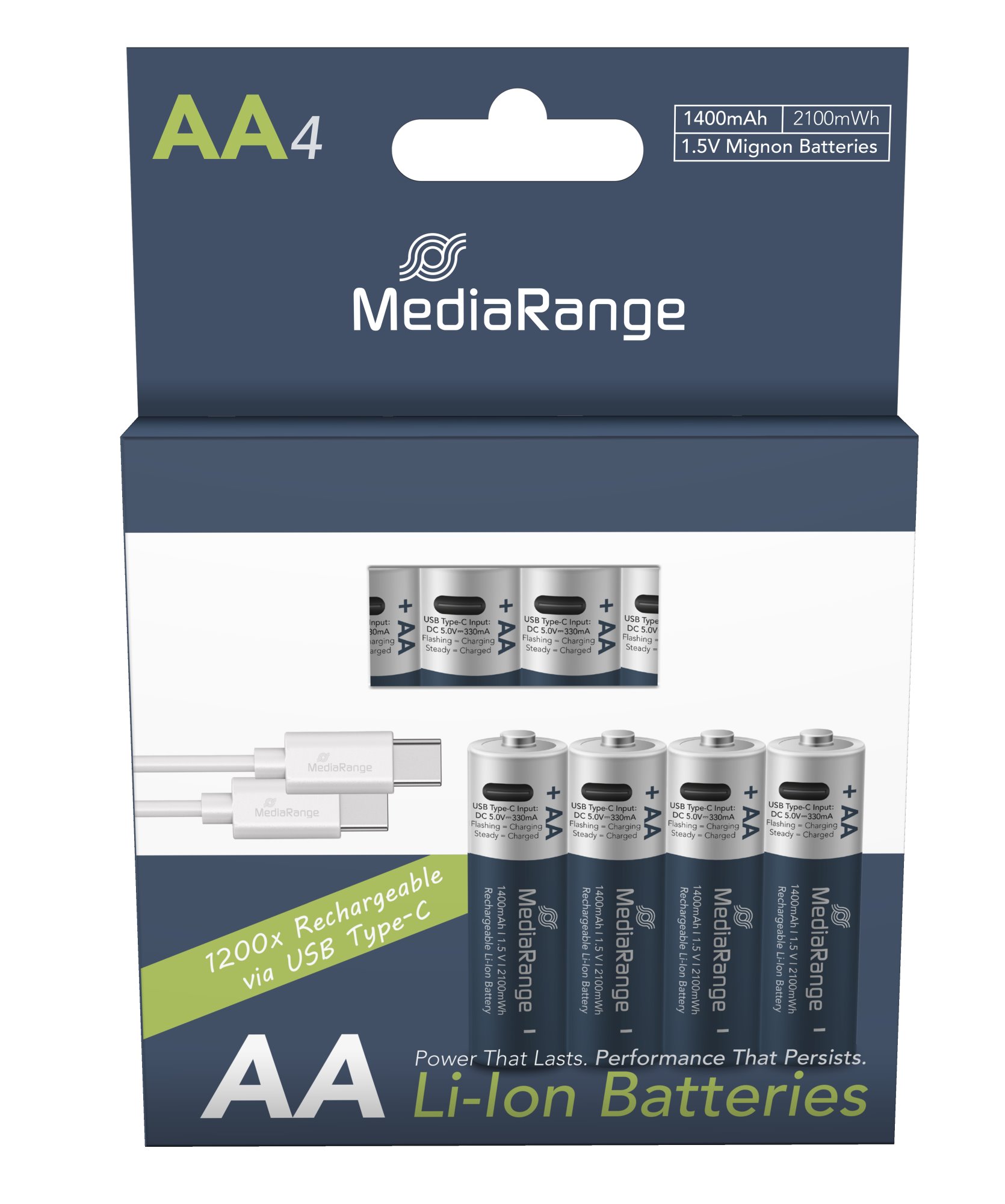 MediaRange nabíjecí USB-C Li-Ion baterie Mignon AA, 1,5V, 1400 mAh, 4ks