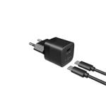 Mini sieťová nabíjačka FIXED s výstupom USB-C a káblom USB-C/USB-C, podpora PD, 1 meter, 20 W, čierna