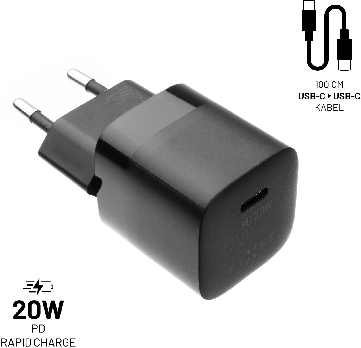 Mini sieťová nabíjačka FIXED s výstupom USB-C a káblom USB-C/USB-C, podpora PD, 1 meter, 20 W, čierna