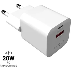 Mini sieťová nabíjačka FIXED s výstupom USB-C a USB, podpora PD a QC 3.0, 20 W, biela
