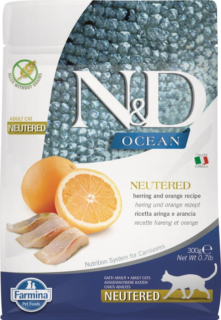 N&D OCEAN CAT Neutered Adult Herring & Orange 300g granule pro kastrované kočky