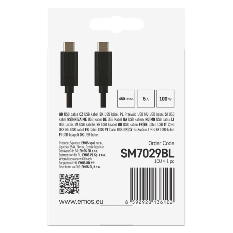 Nabíjací a dátový kábel EMOS 2.0 USB-C / USB-C, 2 m, čierny