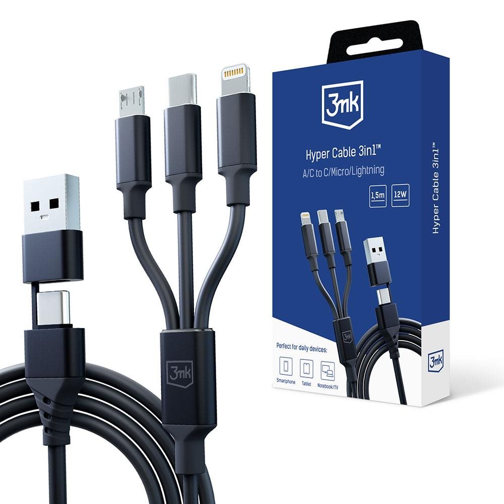 Nabíjací kábel 3mk – Hyper Cable 3 v 1 A/C na C/Micro/Lightning 1,5 m, čierny