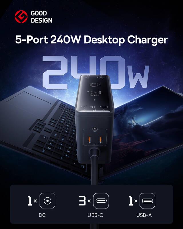 Nabíjacia stanica Baseus GaN Digital 240W 3xUSB-C, 1xUSB, 1xDC čierna