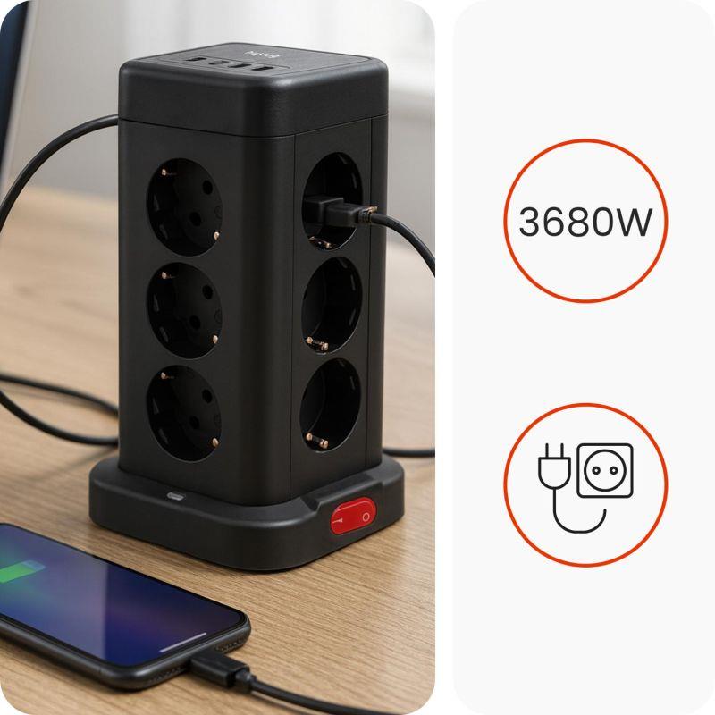 Nabíjacia stanica Huslog 15W 12xzásuvka, 2xUSB-C, 2xUSB čierna