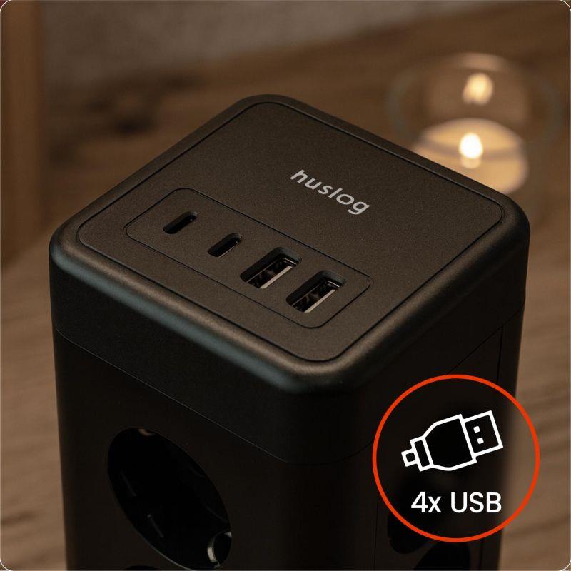 Nabíjacia stanica Huslog 15W 12xzásuvka, 2xUSB-C, 2xUSB čierna