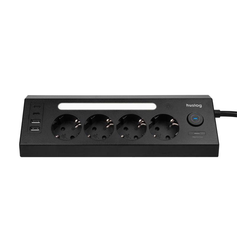 Nabíjacia stanica Huslog 15W 4x zásuvka, 2xUSB-C, 2xUSB, 1x LED svetlo čierna
