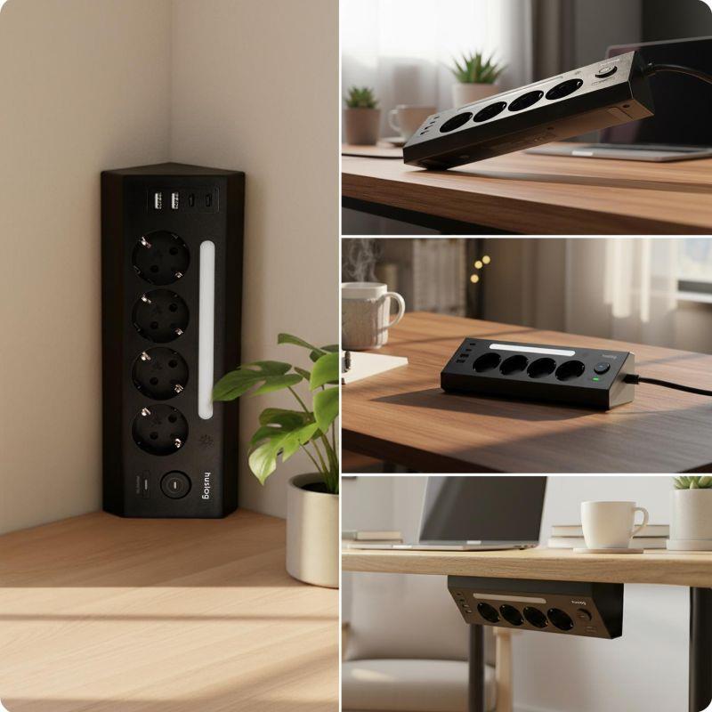 Nabíjacia stanica Huslog 15W 4x zásuvka, 2xUSB-C, 2xUSB, 1x LED svetlo čierna
