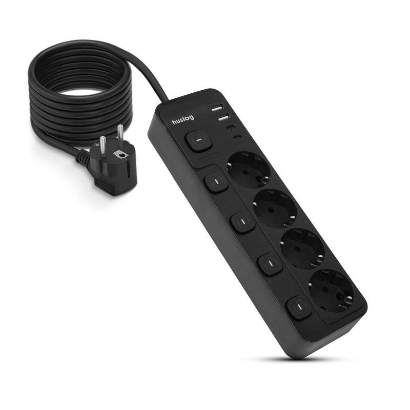 Nabíjacia stanica Huslog 15W 4xzásuvka, 2xUSB-C, 2xUSB, 5x vypínač čierna