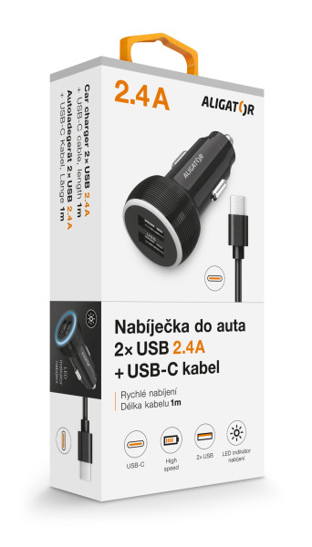 Nabíjačka do auta ALIGATOR s káblom USB-C a výstupom 2xUSB 2,4 A, čierna