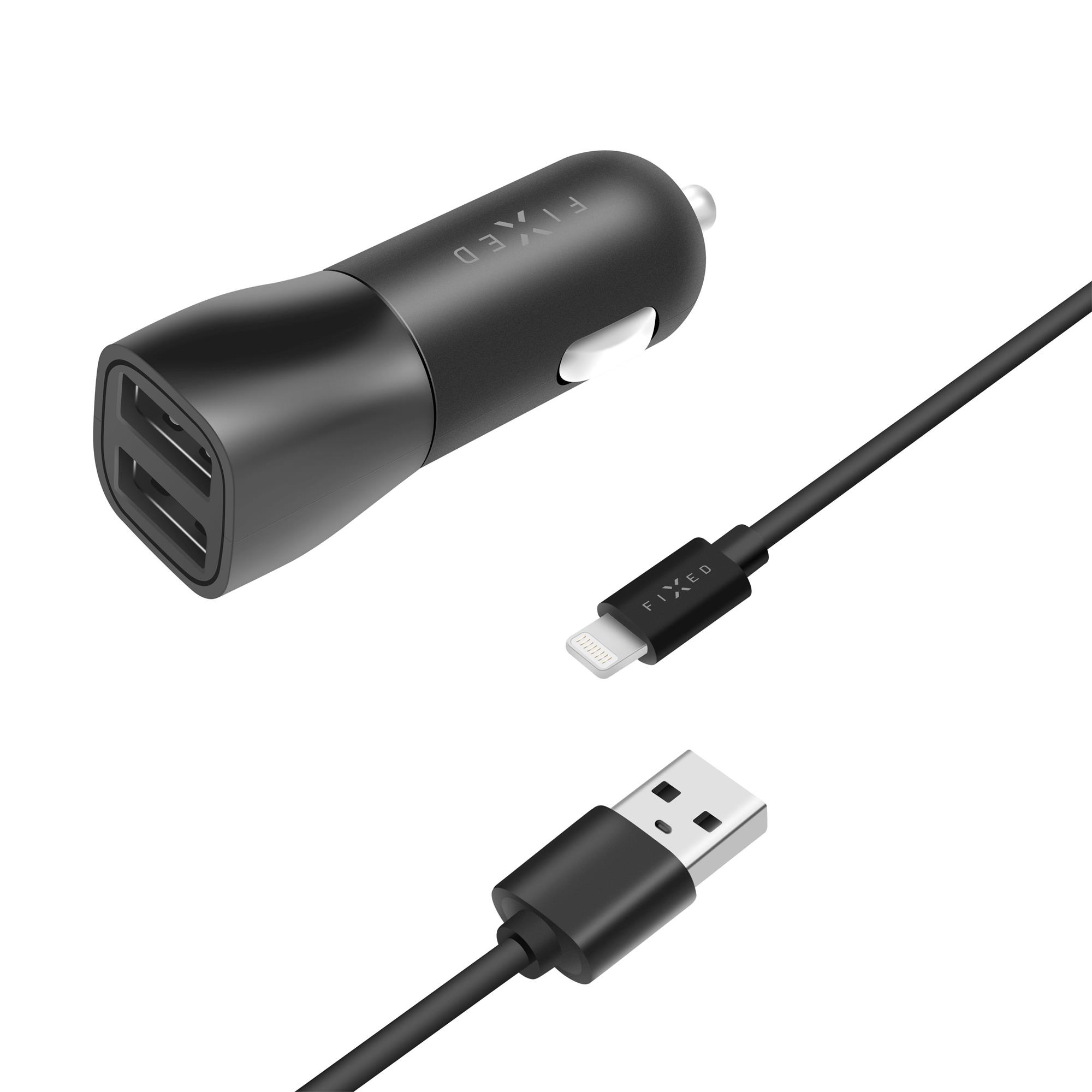 Nabíjačka do auta FIXED s výstupom 2xUSB a káblom USB/Lightning, 1 meter, certifikácia MFI, 15W Smart Rapid Charge, čierna