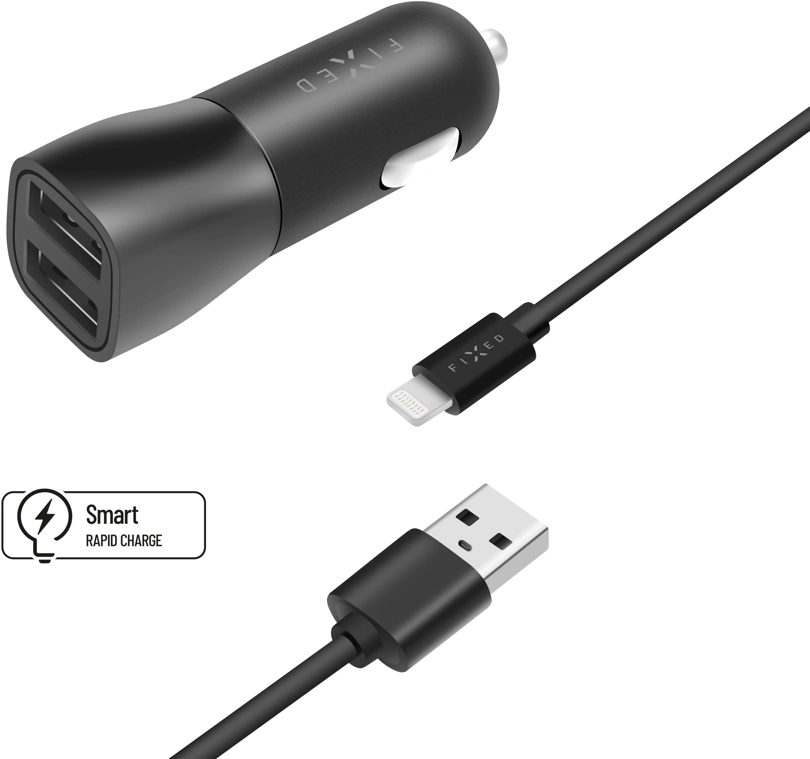 Nabíjačka do auta FIXED s výstupom 2xUSB a káblom USB/Lightning, 1 meter, certifikácia MFI, 15W Smart Rapid Charge, čierna