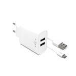 Nabíjačka FIXED s výstupom 2xUSB a káblom USB/micro USB, 1 meter, 15 W Smart Rapid Charge, biela