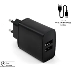 Nabíjačka FIXED s výstupom 2xUSB a káblom USB/micro USB, 1 meter, 15W Smart Rapid Charge, čierna