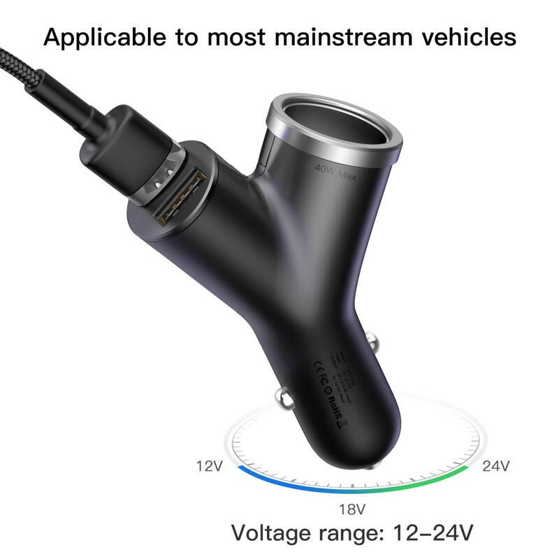 Nabíječka do auta Baseus typ Y 2x USB 40W + Cigarette Lighter Extended černá