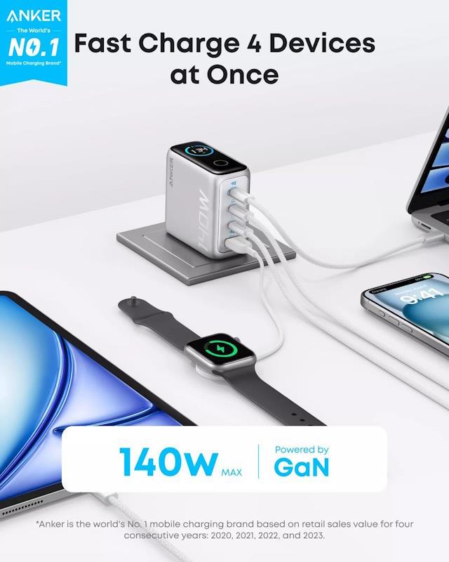 Nabíječka do sítě Anker 140W, 3xUSB-C, 1x USB-A stříbrná