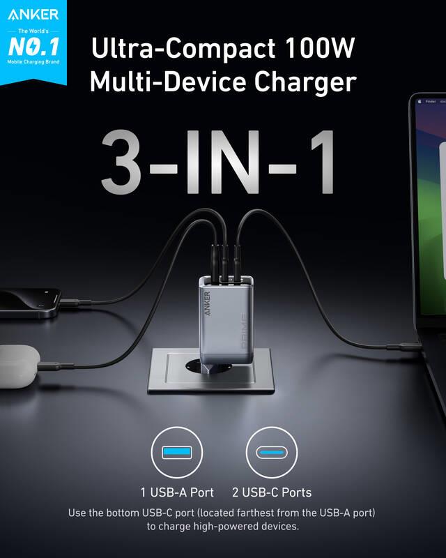 Nabíječka do sítě Anker Prime 100W, 2xUSB-C, 1xUSB-A stříbrná