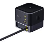Nabíječka do sítě Baseus Super GaN 100W s navíjecím kabelem USB-C 82cm, 1xUSB, 2xUSB-C černá