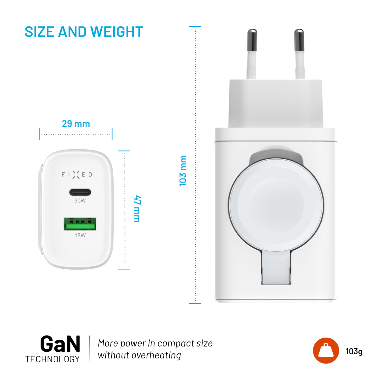 Napájacia zásuvka FIXED s USB-A a USB-C, Apple Watch, 33 W, biela