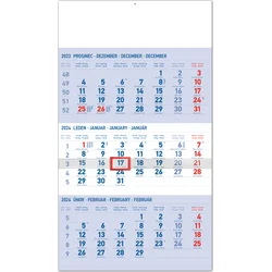 Nástěnný kalendář 3měsíční standard modrý – s českými jmény 2024, 29,5 × 43 cm