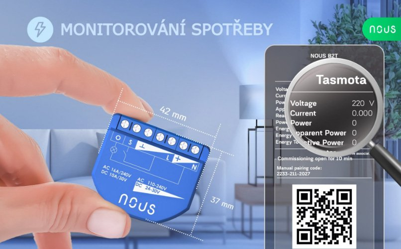 NOUS B2T WiFi Tasmota Smart 1kanálový spínač se sledováním spotřeby