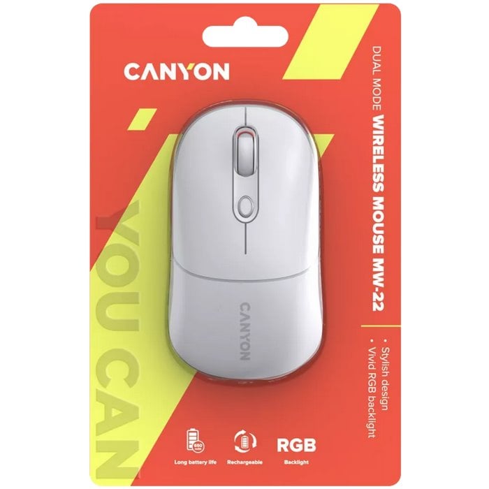 Optická bezdrôtová myš CANYON MW-22, RGB, 800/1200/1600 dpi, 4 tl, BT+2,4 GHz, batéria 650 mAh, snehovo biela