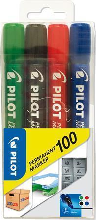 PILOT Permanentní popisovač "Permanent Marker 100", 4 barvy, kuželový hrot, 1 mm