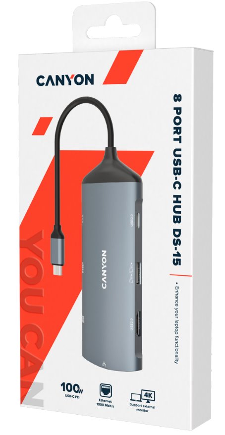 Portový rozbočovač CANYON DS-15 8v1, 1xUSB-C PD 100 W, 1xHDMI (4K), VGA, 2x USB-A 3.0, 1x USB-A 2.0, RJ45 Gb, 3,5 mm jack, SD/m