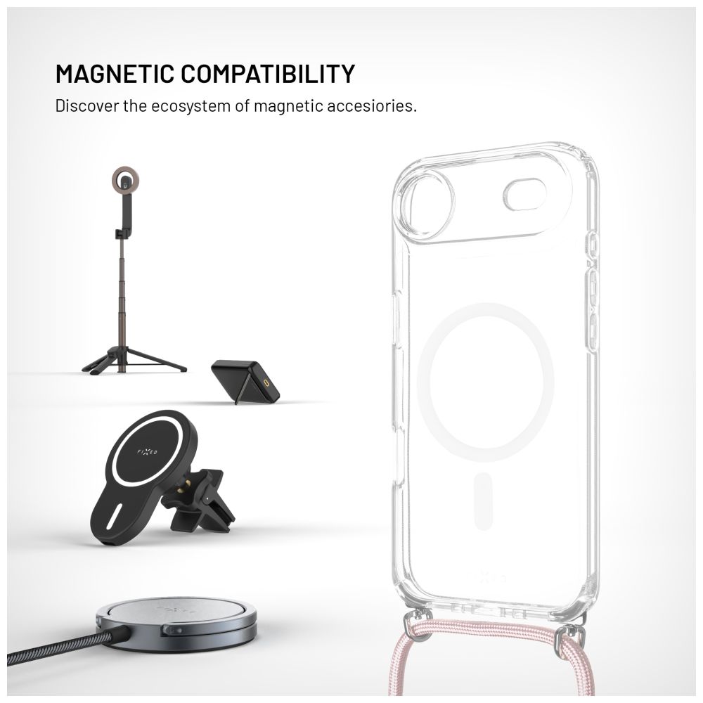 Pouzdro FIXED MagPure Neck s růžovou šňůrkou na krk pro Apple iPhone Air