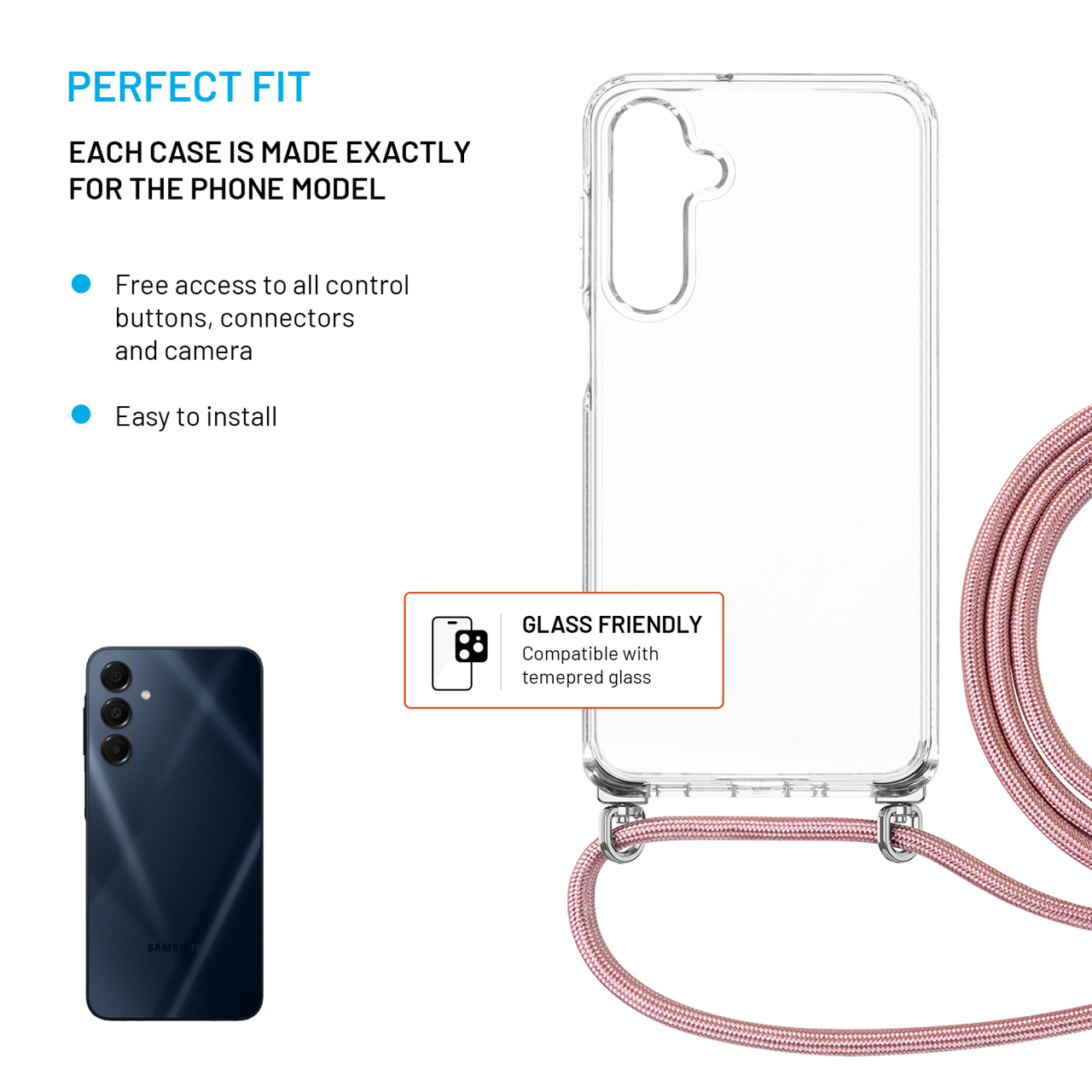 Pouzdro FIXED Pure Neck s růžovou šňůrkou pro Samsung Galaxy A16 4G/5G