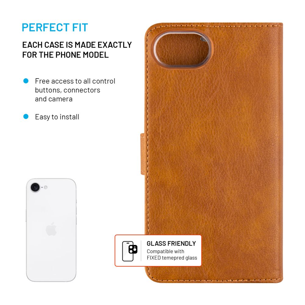 Pouzdro typu kniha FIXED Opus pro Apple iPhone 16e, hnědé