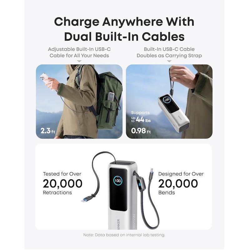 Powerbanka Anker 25000mAh, 165W s kabelem USB-C stříbrná