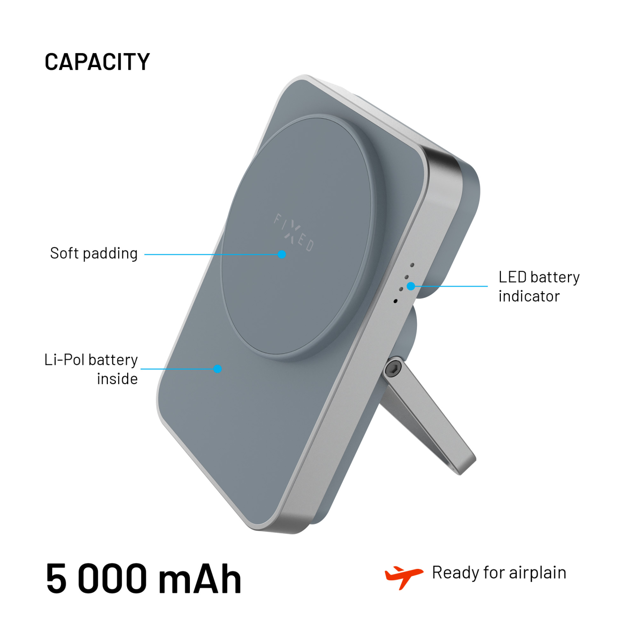 Powerbanka so stojanom FIXED MagZen 5 Stand s MagSafe, 5000 mAh, sivá