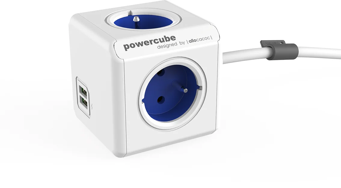 POWERCUBE multifunkční zásuvkový systém EXTENDED USB BLUE- kostka 4 zásuvky + 2x USB 1,5m kabel