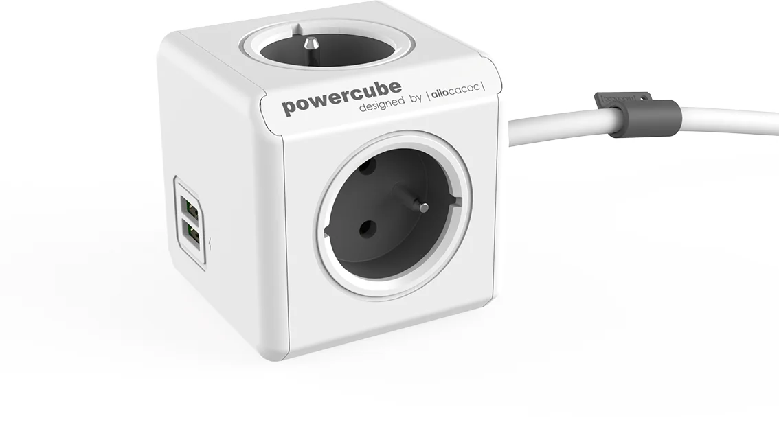 POWERCUBE multifunkčný zásuvkový systém EXTENDED USB GREY- kocka 4 zásuvky + 2x USB 1,5m kábel 8718444082217
