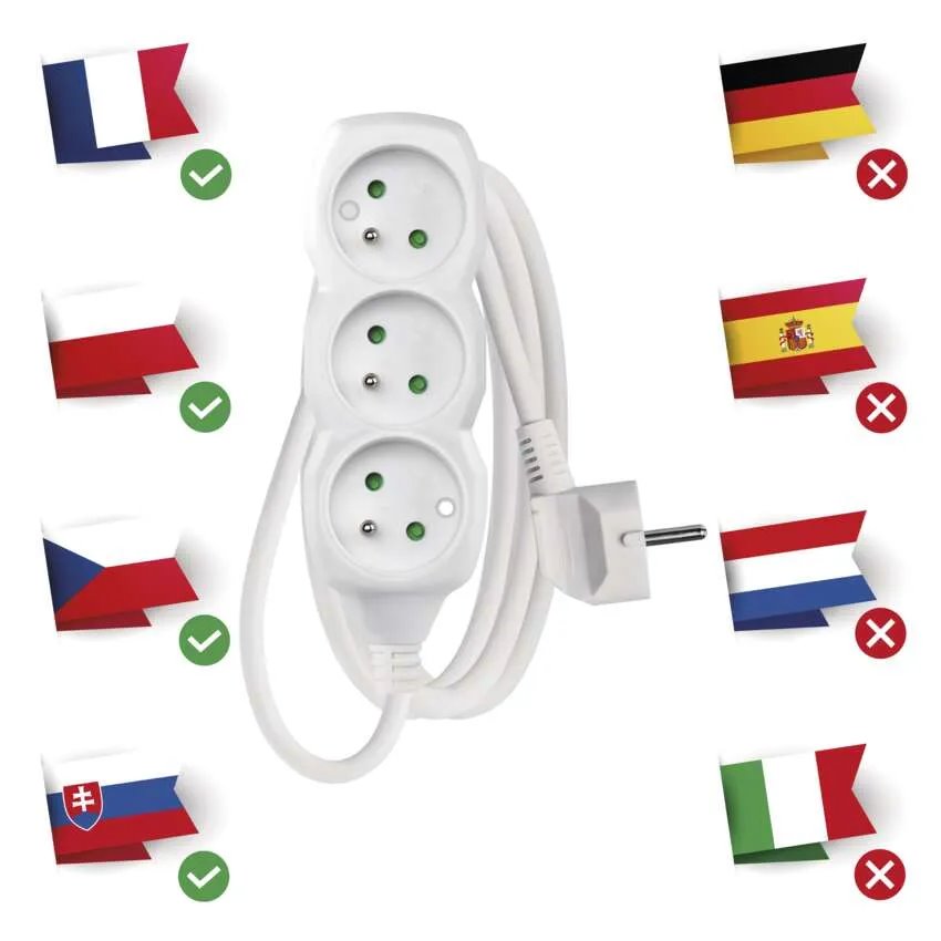 Predlžovací kábel 1,5 m / 3 zásuvky / biely / PVC / 1 mm2