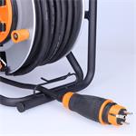 Predlžovací kábel Solight - na kovovom bubne, 4 zásuvky, 40 m gumovo-neoprénový kábel, 3x 2,5 mm2, IP44