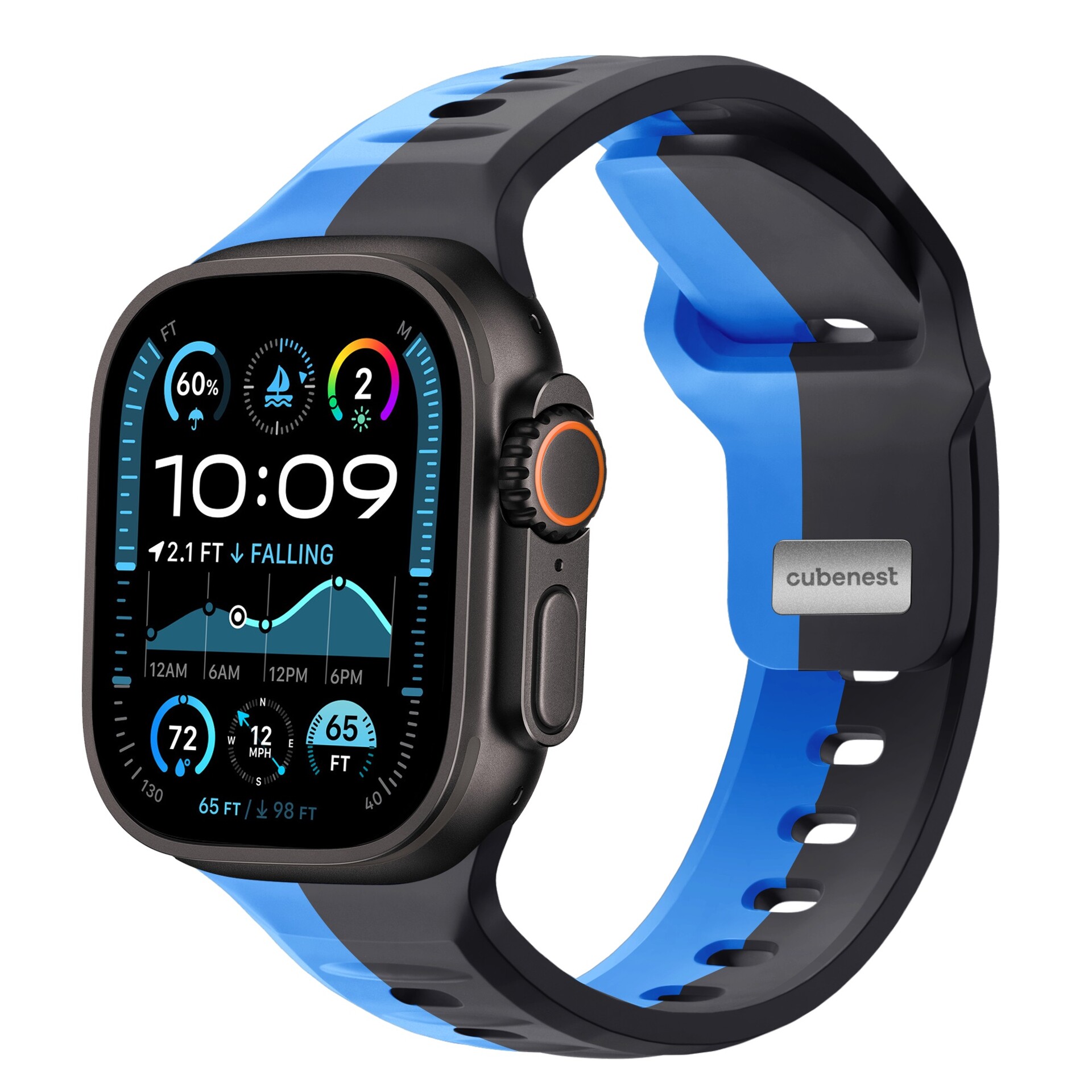Prémiový silikónový náramok Cubenest BLACK s modrou farbou (42-49 mm)